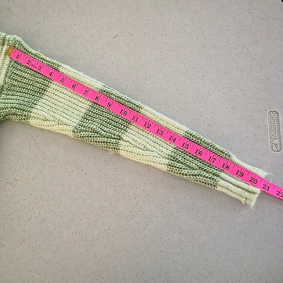 Sage & Cream Chunky Striped Knit Sweater – Mock Neck, Distressed Hem (Size M) - Picture 11 of 14